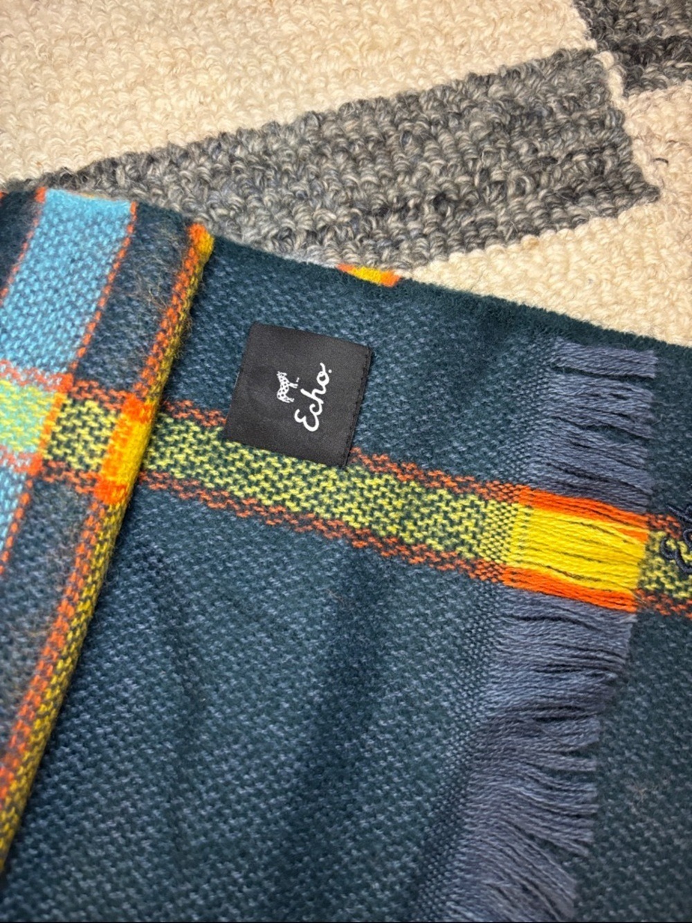 Echo Plaid Scarf Navy Yellow Tartan Fringe Wrap - Picture 10 of 12